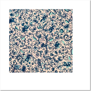 Teal Garden - floral doodle pattern in cream & navy blue Posters and Art